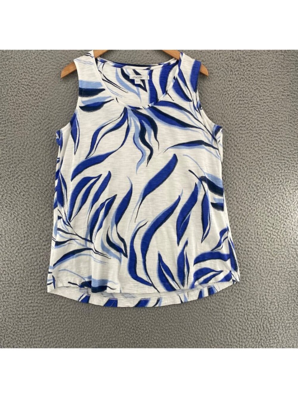Chicos Top Womens 2 US Large Blue Floral Leaf Cotton Blend Slub Knit Sleeveless